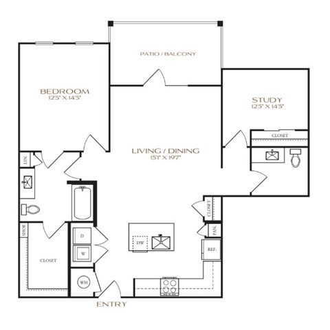 Floor plan for 1 bed, 1.5 baths, 1057 sqft